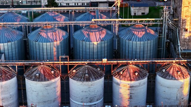 Aerial view of a large industrial grain silo facility with multiple metal cylindrical storage tanks and connecting pipes illuminated by the warm light of the setting sun in Latvia.