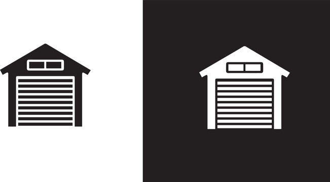 Minimalist garage icon, black and white storage unit symbol, simple warehouse building for logistics and real estate web design