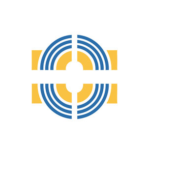 Abstract geometric logo with blue arcs and yellow rectangles