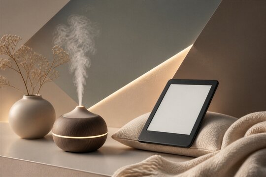 Aroma diffuser releasing steam beside e reader on minimalist shelf