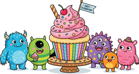 Fototapeta premium Cute cartoon monsters celebrating around a giant giant pink frosting cupcake on a stand