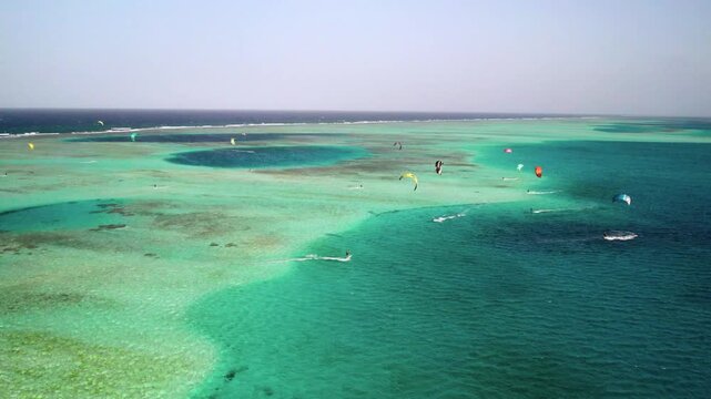 Aerial view of kitesurfing in Los Roques, Venezuela.