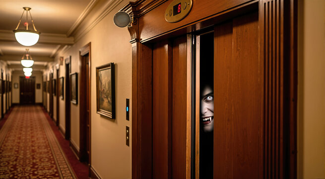 Scary vampire face with sharp fangs lurking behind partially closed wooden elevator doors. Dark hotel corridor background with red carpet and warm wall sconce lights, horror theme concept