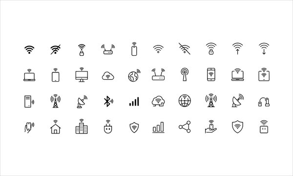 Set outline icons related to wifi. Linear icon collection. Editable stroke. Vector illustration
