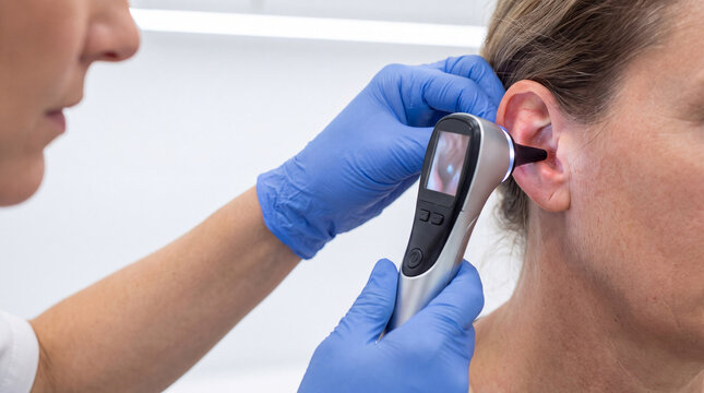 Doctor Examining Patient Ear With Digital Video Otoscope in Clinic