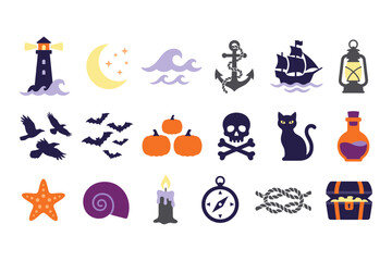 Fototapeta premium Nautical and spooky icons collection featuring purple lighthouse and orange starfish with pirate themes.