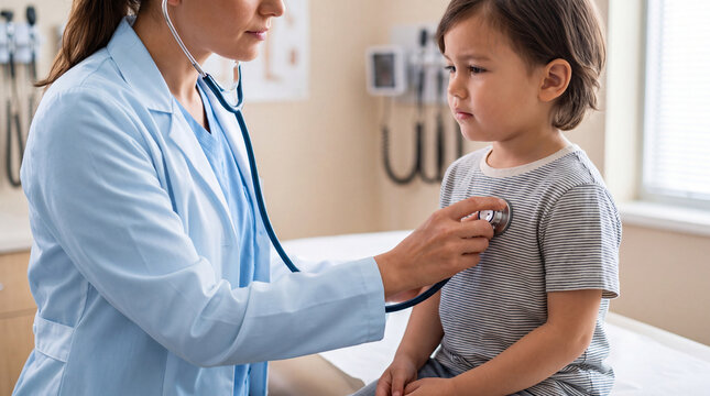 Pediatrician Auscultating Child Chest for RSV Wheezing Symptoms