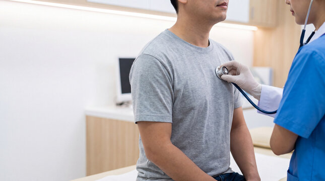 Doctor Auscultating Patient Chest With Stethoscope in Clinic
