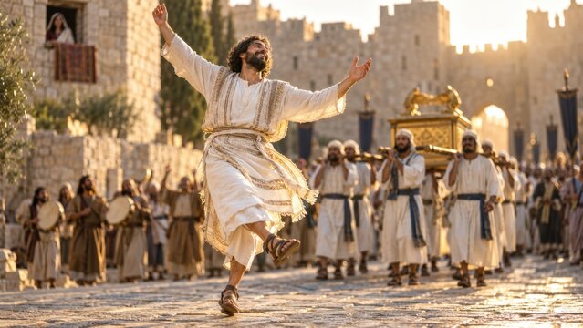 A biblical scene of David dancing before the Lord.