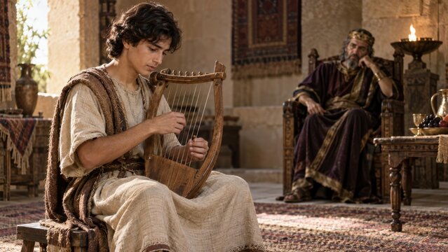 Young David plays the harp before King Saul.