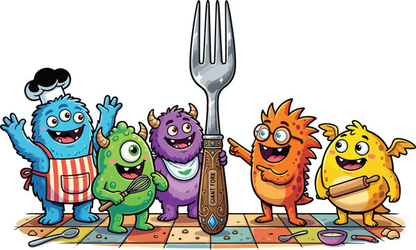 Cute cartoon monsters gathering around a giant fork with kitchen utensils on a colorful floor