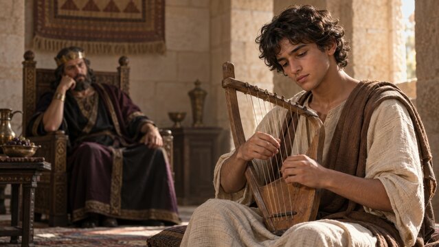 Young David plays the harp before King Saul.