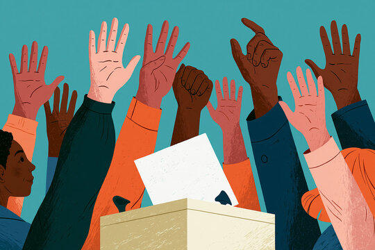 Diverse hands raised around ballot box voting illustration representing democracy and elections