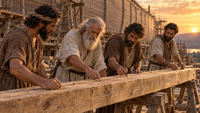 Noah and his sons building the Ark, Bible story.