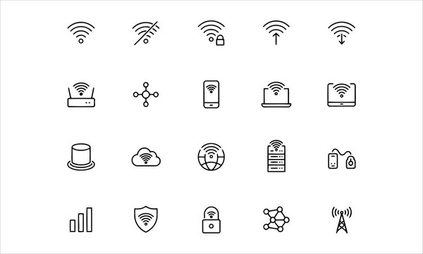 Set outline icons related to wifi. Linear icon collection. Editable stroke. Vector illustration