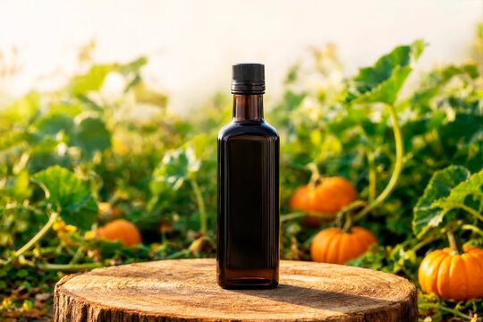 Pumpkin oil in a dark glass bottle against the background of fresh pumpkins. Healthy eating concept