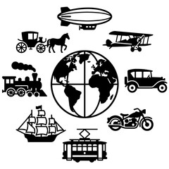 Historical Vintage Transportation Vehicle Icon Collection Featuring Horse Carriage Steam Locomotive Vintage Automobile Biplane Zeppelin Sailing Ship Classic Motorcycle Old Tram Surrounding Earth Globe © abaimuhtar