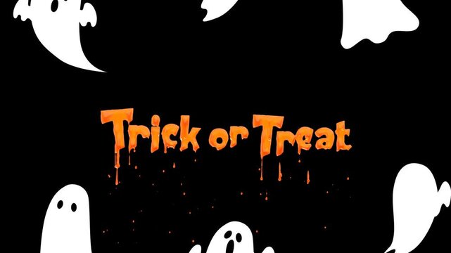 ループする、Trick or Treatと書かれたテキストアニメーション。流体。オレンジ色の液体が垂れる。かわいいフォント。おばけ。驚かす。サプライズ。血が滴っているような表現。アルファチャンネル付き。背景は透明。ハロウィンのイベントでお化けに仮装した人が言うアルファベットの台詞