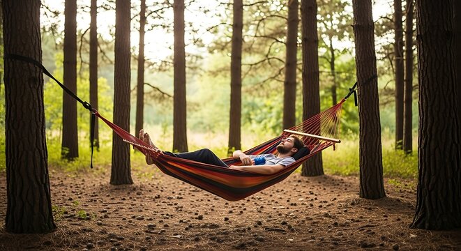Man Relaxing in a Red Hammock Between Tall Pine Trees in a Sunny Forest During a Peaceful Outdoor Camping Trip