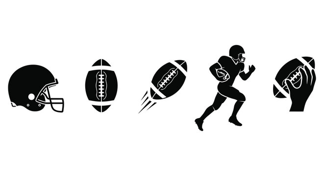 American football elements depicted as black vector silhouettes on a white background