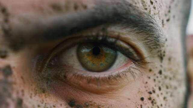 Extreme macro photorealistic footage of a male rugby player's eye during a hard tackle, intense green