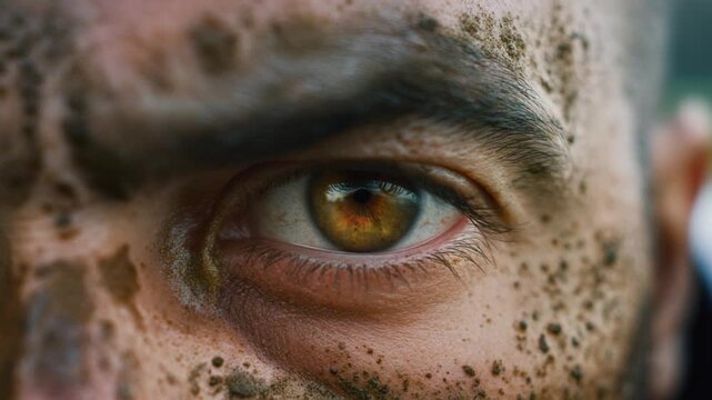 Extreme macro photorealistic footage of a male rugby player's eye during a brutal competition, warm brown