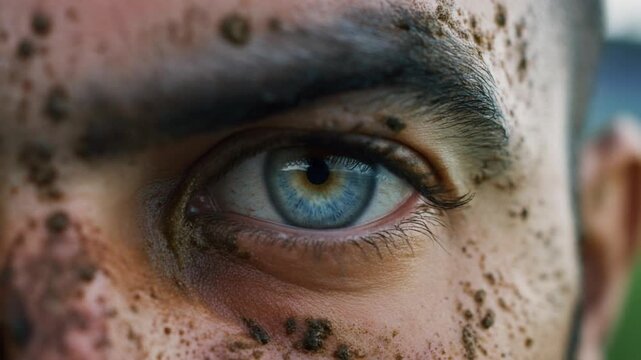 Extreme macro photorealistic footage of a male rugby player's eye during a fierce physical competition, striking blue