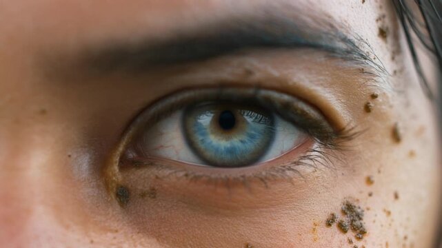 Firefly Extreme macro photorealistic footage of a rugby player's eye during a fierce match, striking blue