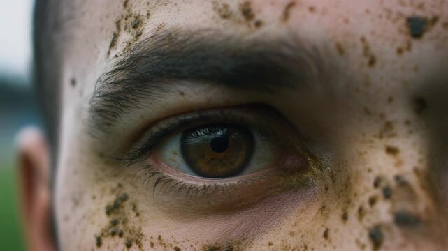Firefly Extreme macro photorealistic footage of a male rugby player's eye during an intense tackle