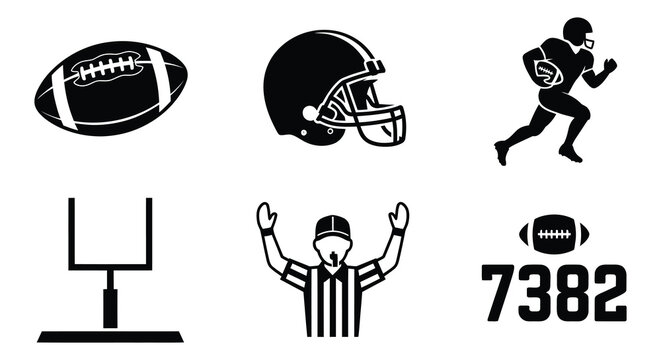 American football elements depicted as black vector silhouettes on a white background