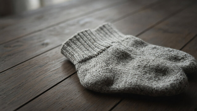Knitted wool socks on wooden floor cozy rainy day texture
