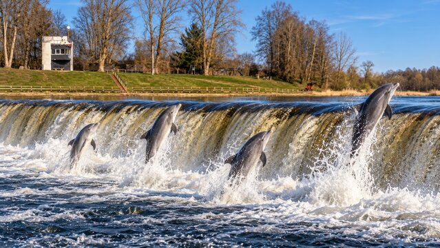 Dolphins are jumping over the waterfall.