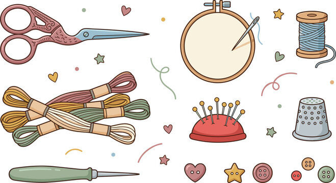 Sewing and Embroidery Vector Icon Set Featuring Scissors Hoop Thread Skeins Pincushion Thimble and Buttons for Handmade Craft and Needlework Graphic Designs
