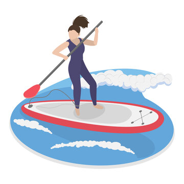 3D Isometric Flat Vector Illustration of Paddling, Group Of Cartoon Characters Trying Stand-Up Paddle Surfing. Item 2