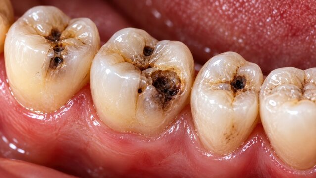 Close-up of human molars showing multiple dental cavities and extensive tooth decay requiring fillings.
