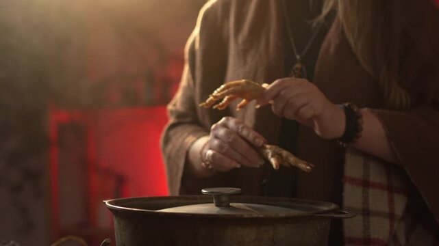 A realistic witch brewing a potion, waving her hands over a cauldron filled with dried chicken feet. Everyday life intertwined with traditional witchcraft. Magic and a mystical atmosphere.