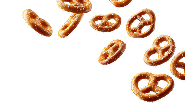 Salted pretzels falling in midair isolated cutout with motion blur and scattered snack pieces
