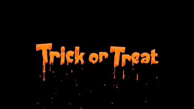 ループする、Trick or Treatと書かれたテキストアニメーション。流体。オレンジ色の液体が垂れる。かわいいフォント。おばけの仮装で驚かす時のセリフ。サプライズ。血が滴っているような表現。アルファチャンネル付き。背景は透明。ハロウィンのイベントでお化けに仮装して言うアルファベットの台詞