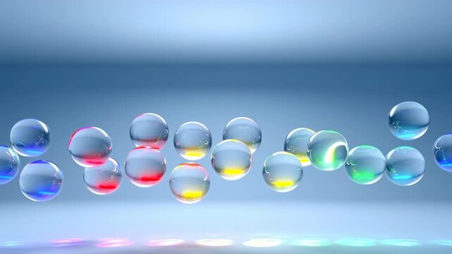 Transparent glass spheres float and gently shift in a horizontal row above a glossy pale blue surface, glowing with red, yellow, green, cyan, and blue highlights