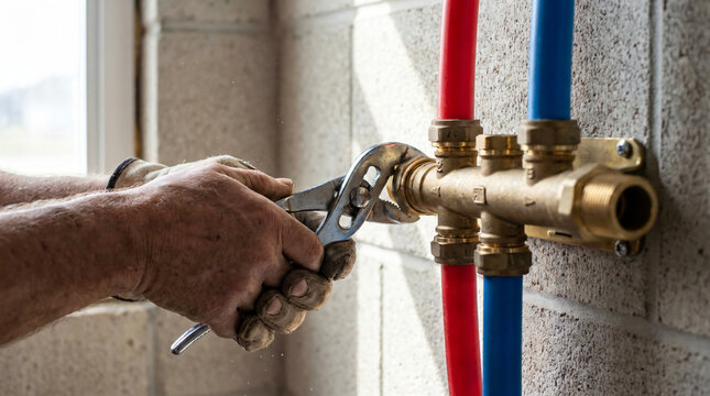 Professional plumber installing PEX pipe system | Connecting brass manifold with adjustable wrench | Residential plumbing repair and installation | Hot and cold water line connection process