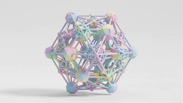 3D pastel geometric shapes morphing into complex polyhedral lattice 