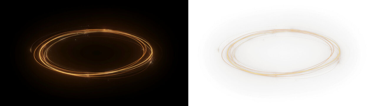 Golden glowing magic circle portal with light trails, abstract circular energy effect on black background isolated on transparent background