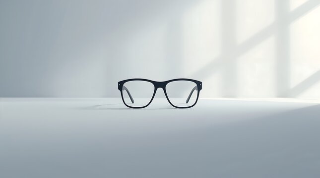 Black modern eyeglasses on clean surface with sunlight