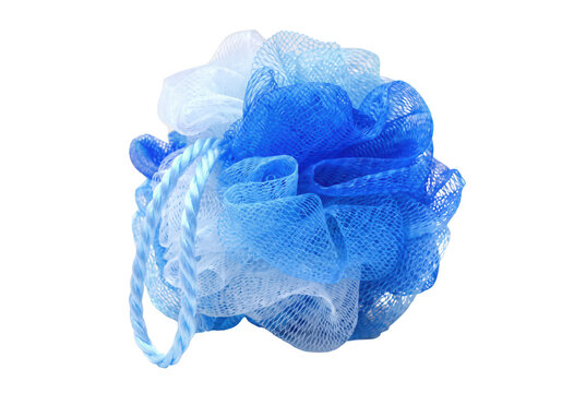 Blue and White Mesh Bath Pouf with Hanging String