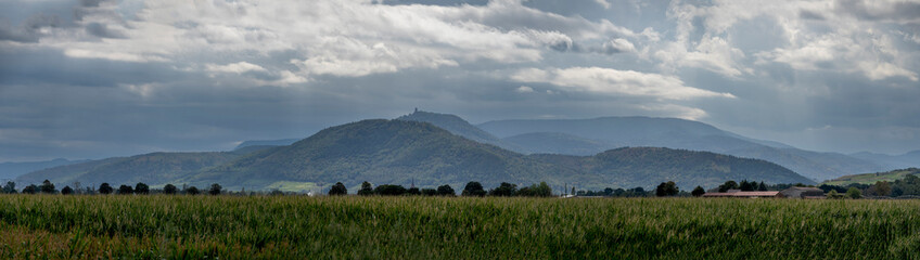 Fototapeta premium Bennwihr, France - 08 21 2026: Alsatian Vineyard. Panoramic view of the Haut-Koenigsbourg castle, forests and cornfields all around with cloudy sky