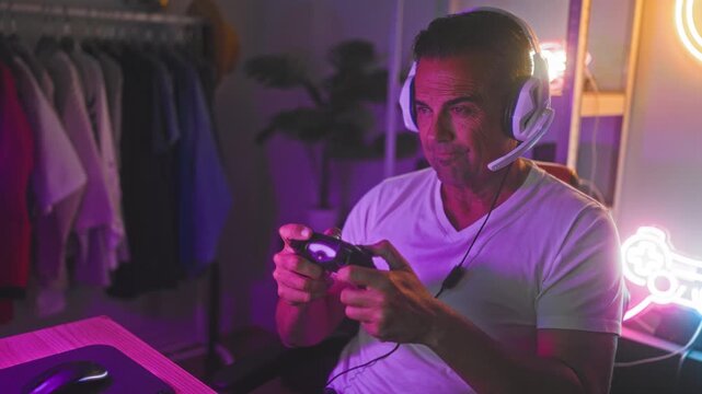 Man with headset grips controller, fist raised and smiling, middle aged gamer in studio with neon sign, clothes rack and plant visible; competitive excitement celebration.