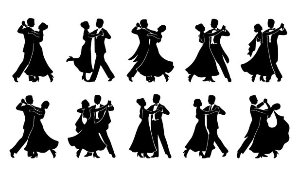 Elegant ballroom dancing couples black silhouette vector collection
