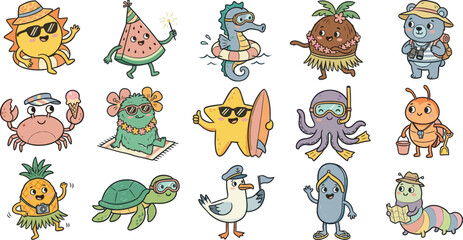 Obraz premium cute summer animal characters collection with beach and ocean themes perfect for children's books and vacation designs