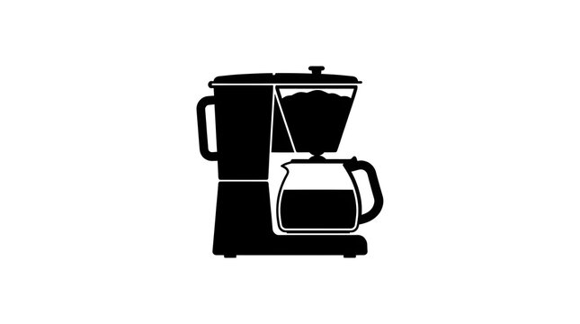 Black silhouette vector icon of a drip coffee maker machine with a glass pot. Simple flat design isolated on a white background for cafe or breakfast themes.
