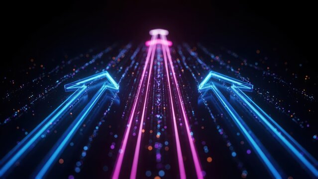 Forward moving glowing arrows on a digital dark background